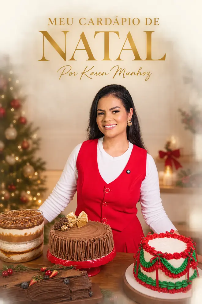 Karen Munhoz de avental vermelho com bolos de Natal, sob o título Meu Cardápio de Natal